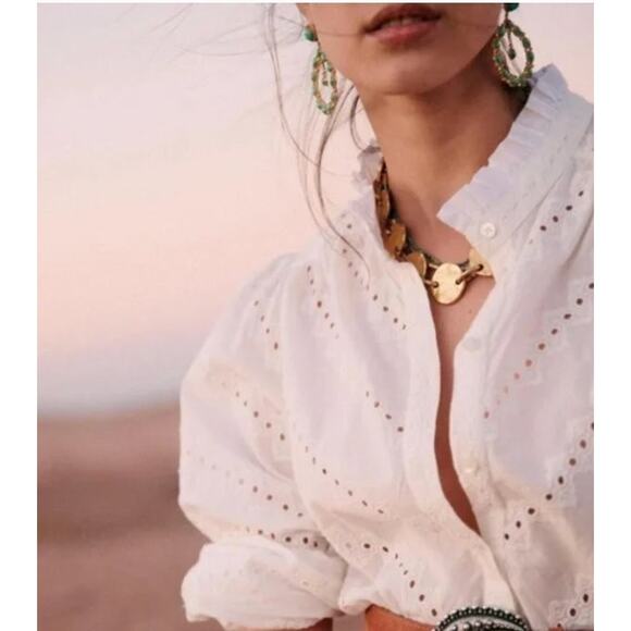 SEZANE Sz 40 8 Ecru Havane Eyelet Belted Maxi Shirt Dress - Picture 10 of 11